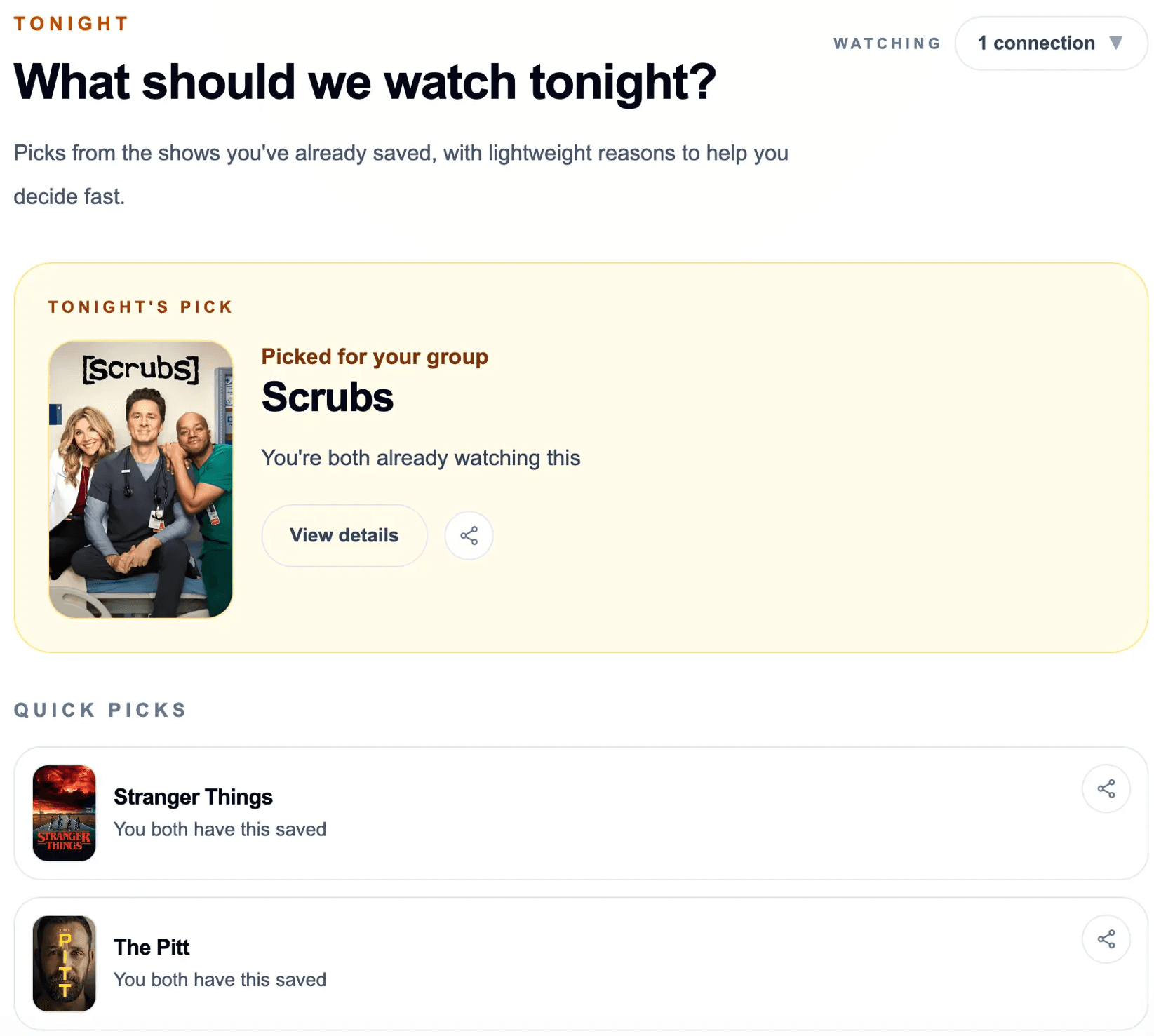 Tonight page recommending a show and quick picks